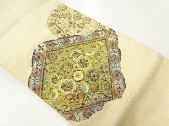 アンティーク　手織り紬菱に花鳥模様織出し名古屋帯